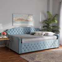 Baxton Studio Freda-Light Blue Velvet-Daybed-Queen Freda Transitional and Contemporary Light Blue Velvet Fabric Upholstered and Button Tufted Queen Size Daybed